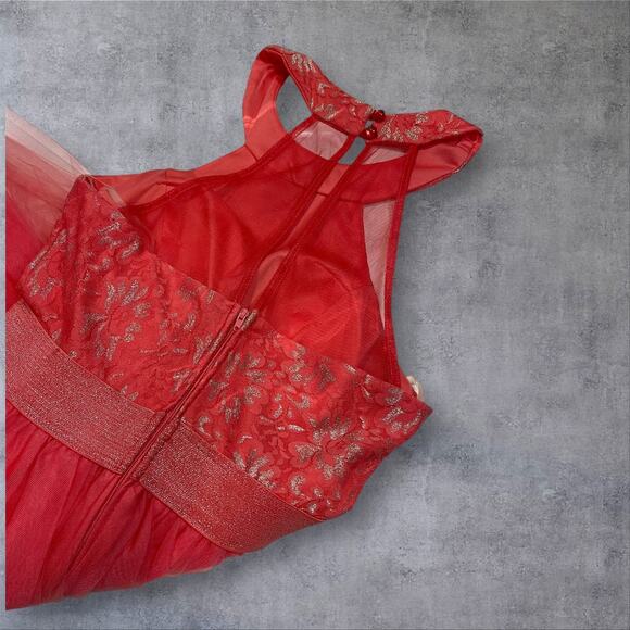 👗 Teeze Me Coral Pink Lace Halter Tulle Dress Size XS/S Prom Formal - Picture 5 of 8